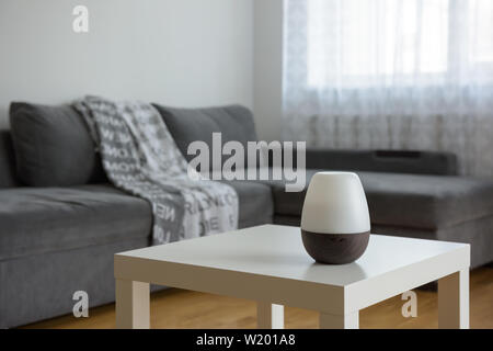 Olio essenziale diffusori su un tavolo bianco sullo sfondo dell'interno. Foto Stock