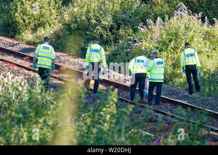 Margam, Wales, Regno Unito. 3 Luglio, 2019. I funzionari di polizia sono alla ricerca di brani dopo il treno che ha causato l'incidente viene rimosso dal vicino Margam nel Galles del Sud, Regno Unito. Mercoledì 03 Luglio 2019 Re: due lavoratori ferroviari sono morti dopo essere stato colpito da un treno passeggeri tra Port Talbot Parkway e stazioni di Bridgend, nel Galles del Sud, Regno Unito. La coppia sono stati colpiti nei pressi di Margam da Swansea a Londra Paddington in treno a circa 10am. Esse sono state pronunciate morti alla scena e una terza persona è stata trattata per urti, ma non è stato ferito. Credito: ATHENA AGENZIA IMMAGINE LTD/Alamy Live News Foto Stock