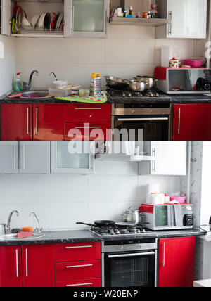 Tipica piccola cucina con piatti sporchi e il disordine full shot Foto Stock