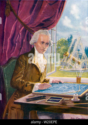WILLIAM Herschel (1738-1822) tedesco-nato astronomo britannico mostrato con il suo 40 ft telescopio ay nella sua casa a Slough, Berkshire, circa 1790. Illustrazione da i ragazzi della propria carta. Foto Stock