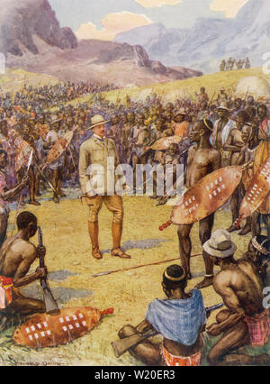 CECIL RHODES (1853-1902) British imprenditore nei colloqui di pace con i membri dei Ndebele in colline di Matobo termina la seconda guerra Matabele Foto Stock