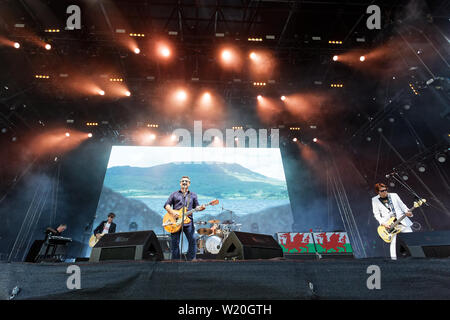 Nella foto: Singer James Dean Bradfield, batterista Sean Moore e bassista Nicky Wire. Sabato 29 Giugno 2019 Re: manic street predicatori concerto Foto Stock