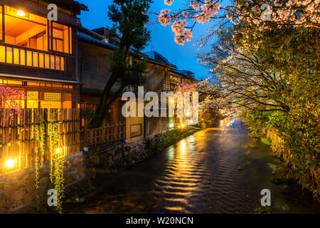 Kyoto, Giappone presso il Fiume Shirakawa nel quartiere di Gion durante la primavera. Cherry blosson stagione a Kyoto, in Giappone. Foto Stock