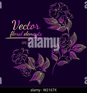 Disegnata a mano illustrazioni vettoriali astratto del set di violetta, giallo e fiori di colore rosa. Disegnata a mano schizzo di fiori Illustrazione Vettoriale