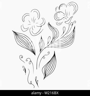 Disegnata a mano illustrazioni vettoriali astratto del set di fiori e farfalle isolati su grigio. Design floreale elementi per inviti e biglietti di auguri, P Illustrazione Vettoriale