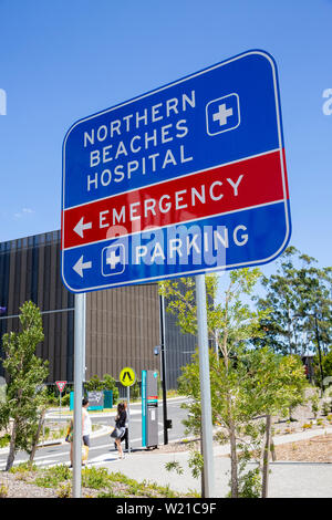 Ospedale di Sydney, ospedale Northern Beaches in Frenchs Forest, Sydney, Australia, cartello per pronto soccorso e parcheggio Foto Stock