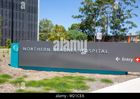 Sydney,spiagge settentrionali ospedale e strada segno all'entrata dell'ospedale, Sydney, Australia Foto Stock