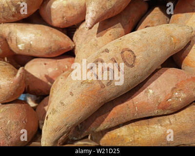 Patate dolci con impronta bio sul mercato Foto Stock