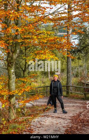 Giovani femmine escursionista su un sentiero escursionistico in autunno, giallo fogliame, vicino Krun, Alta Baviera, Baviera, Germania Foto Stock