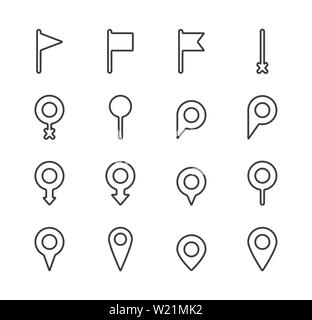 Set di puntatore mappa icona linea. Segni di navigazione in stili differenti. Posizione simbolo pin Illustrazione Vettoriale