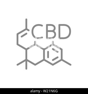 CBD formula molecolare, cannabidiolo molecola struttura icona della linea. Illustrazione Vettoriale