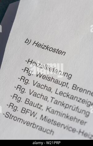 Ripartizione delle spese di riscaldamento su carta, Germania Foto Stock