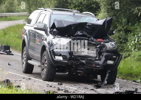 Lairg, Sutherland, Scotland, Regno Unito. Il 5 luglio 2019. La polizia in Scozia hanno confermato che un uomo è morto a seguito di un traffico stradale collisione sul A836 vicino a Lairg giovedì 4 luglio 2019. Il 41-anno-vecchio è stato il pilota di un motociclo coinvolto in una collisione con un Ford Ranger pick-up. L'incidente è accaduto intorno a 12.05pm 1 miglio a nord di Lairg. L'uomo è stato dichiarato morto in scena e i suoi parenti prossimi sono consapevoli. Il pilota della Ford è stata entrambi incolumi. Credito: Andrew Smith Credit: Andrew Smith/Alamy Live News Foto Stock