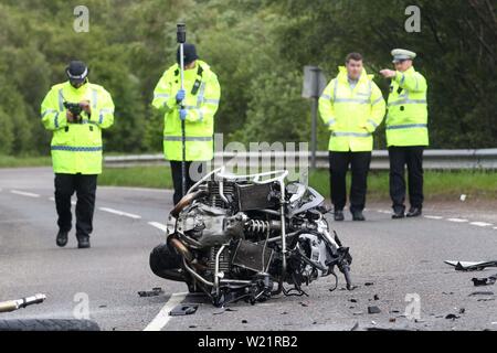 Lairg, Sutherland, Scotland, Regno Unito. Il 5 luglio 2019. La polizia in Scozia hanno confermato che un uomo è morto a seguito di un traffico stradale collisione sul A836 vicino a Lairg giovedì 4 luglio 2019. Il 41-anno-vecchio è stato il pilota di un motociclo coinvolto in una collisione con un Ford Ranger pick-up. L'incidente è accaduto intorno a 12.05pm 1 miglio a nord di Lairg. L'uomo è stato dichiarato morto in scena e i suoi parenti prossimi sono consapevoli. Il pilota della Ford è stata entrambi incolumi. Credito: Andrew Smith Credit: Andrew Smith/Alamy Live News Foto Stock