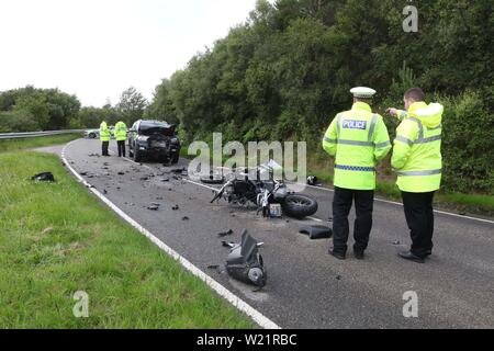 Lairg, Sutherland, Scotland, Regno Unito. Il 5 luglio 2019. La polizia in Scozia hanno confermato che un uomo è morto a seguito di un traffico stradale collisione sul A836 vicino a Lairg giovedì 4 luglio 2019. Il 41-anno-vecchio è stato il pilota di un motociclo coinvolto in una collisione con un Ford Ranger pick-up. L'incidente è accaduto intorno a 12.05pm 1 miglio a nord di Lairg. L'uomo è stato dichiarato morto in scena e i suoi parenti prossimi sono consapevoli. Il pilota della Ford è stata entrambi incolumi. Credito: Andrew Smith Credit: Andrew Smith/Alamy Live News Foto Stock