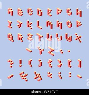 Alfabeto isometrico delle immagini pixel e simboli in rosso e giallo. Font 3D retro gaming con lettere Dalla A alla Z, numeri e segni di punteggiatura isolati Illustrazione Vettoriale