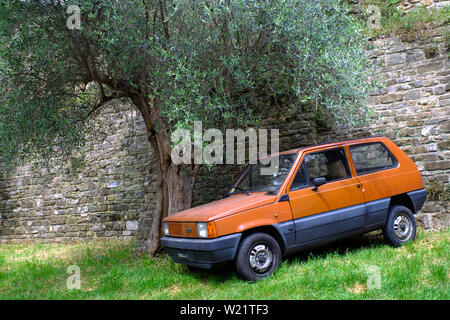 Vintage Fiat Panda parcheggiato a fianco di un antico muro e un albero di olivo. I confini di Firenze vicino al Forte Belvedere. Toscana, Italia Foto Stock
