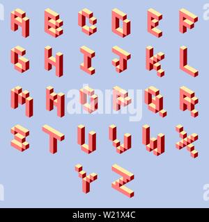 Alfabeto grafico a pixel 3D isometrico completo Dalla A alla Z. stile di carattere per videogame a 16 bit rosso e giallo isolato su sfondo blu. Illustrazione Vettoriale