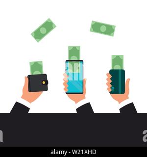 Mani smart phone. Pagamento bancario app. Persone di inviare e ricevere denaro in wireless con telefoni cellulari. In stile appartamento icone vettoriali. Denaro Online Illustrazione Vettoriale