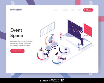 Landing page modello di spazio eventi illustrazione del concetto. Piatto isometrica design concept di progettazione di pagine web per il sito web e il sito web mobile Illustrazione Vettoriale