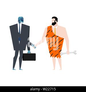 Caveman e handshake cyborg. Robot e uomo preistorico contratto. Intelligenza artificiale e antico uomo. Illustrazione Vettoriale Illustrazione Vettoriale