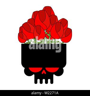 Cranio di vaso con fiori isolati. Testa di scheletro e rose. Illustrazione Vettoriale Illustrazione Vettoriale