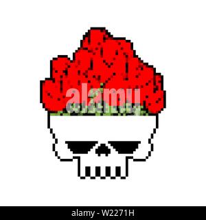 Cranio con fiori pixel art. Testa di scheletro e rose a 8 bit. Illustrazione Vettoriale Illustrazione Vettoriale