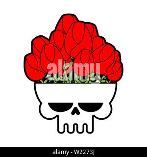 Cranio di vaso con fiori isolati. Testa di scheletro e rose. Illustrazione Vettoriale Illustrazione Vettoriale