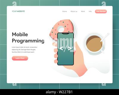 Programmazione Mobile illustrazione del concetto. Il design moderno concetto di progettazione di pagine web per il sito web e il sito web mobile.illustrazione vettoriale EPS 10 Illustrazione Vettoriale