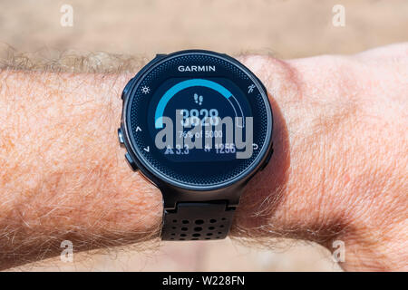 Garmin Smart guarda sul polso maschio la visualizzazione di un contatore di passo, distanza percorsa in chilometri e la quantità di calorie bruciate Foto Stock