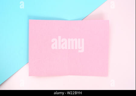 Piatto, laici carta rosa pagina vuota e piante verdi in rosa pastello carta colore sfondo. Posto per il testo Foto Stock