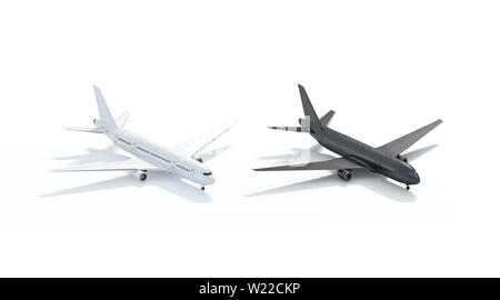 Bianco e nero bianco aereo mock up, vista laterale isolata, rendering 3d. Cancellare gli aeroplani isometrica modello nel modello airport. Vuoto il trasporto di esclusione Foto Stock