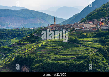 Piccolo villaggio di Faver, famosa per la produzione di vino. Alpi italiane, Valle di Cembra, Provincia di Trento, Trentino Alto Adige, Italia, Europa Foto Stock