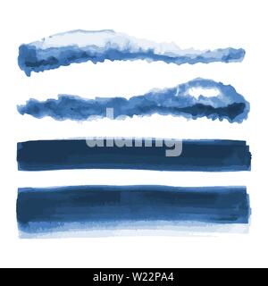 Deep Blue acquerello forme, macchie, macchie, dipingere i tratti di pennello. Acquerelli astratti sfondi texture set. Blu profondo. Navy Blue. Isolato. Illustrazione Vettoriale