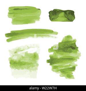 Acquerello verde forme, macchie, macchie, dipingere i tratti di pennello. Acquerelli astratti sfondi texture set. Isolato su sfondo bianco. Illustrazione Vettoriale