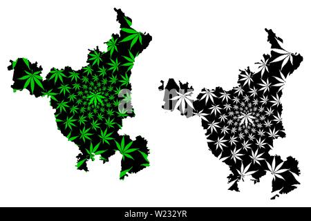 Haryana (Stati e territori dell'Unione Indiana, Stati federati, la Repubblica dell' India) mappa è progettato Cannabis leaf verde e nero, Haryana mappa di stato Illustrazione Vettoriale