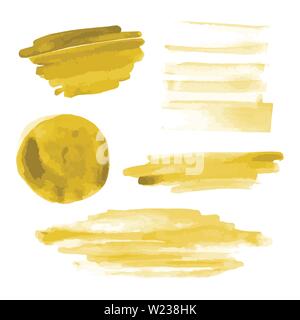 Oro giallo forme ad acquerello, macchie, macchie, pennellate. Acquerelli astratti sfondi texture set. Isolato su sfondo bianco. Illustrazione Vettoriale