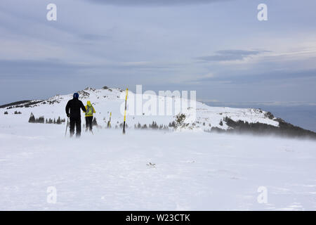 Due persone che camminano nella neve, forte inverno tempo alto nel Monte Vitosha, Bulgaria Foto Stock