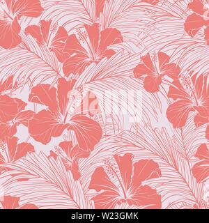 Rose cinesi vector seamless pattern. Fioritura di hibiscus e palme esotiche chioma rosa pastello sfondo. Fiore tropicale Fiore vintage disegnati a mano illustrazione. Carta da parati, il design tessile Illustrazione Vettoriale