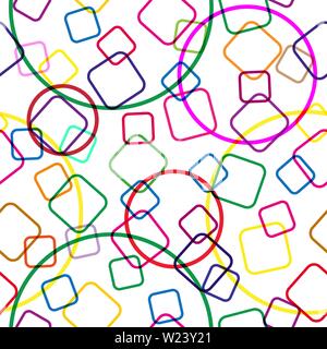 Seamless pattern. contorni della sovrapposizione di quadratini colorati e cerchi. Moderni colori casuali. Ideale per prodotti tessili, confezione, carta stampa, semplice Illustrazione Vettoriale