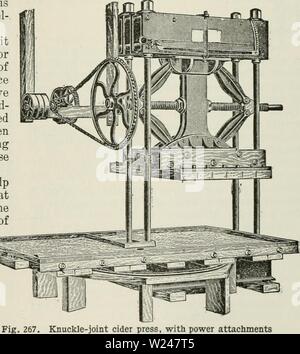 Immagine di archivio da pagina 214 di dell'Enciclopedia delle colture di fattoria . Dell'enciclopedia delle colture di fattoria : un sondaggio popolare di colture e raccolto-metodi di fabbricazione negli Stati Uniti e in Canada cyclopediaoffarm00bailuoft Anno: 1922, c1907 VINO, SIDRO E ACETO 183 vini. I vini del Reno sono asciutte e solitamente di colore bianco, sebbene talvolta rosso. Sherries, nominato da Xeres, Spagna, sono 'fortificato di' vini; che essi hanno aggiunto al loro un po' di alcol in eccesso rispetto a quella prodotta dalla fermentazione al fine di evitare il deterioramento. Questo trattamento non è infrequente con vini dolci. II. Il sidro di mele la produzione del sidro è fondamentalmente li Foto Stock