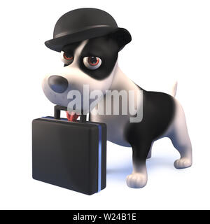 3D render di un cartone animato in bianco e nero cucciolo di cane hound indossando Bowler cappello e in possesso di una valigetta in 3D Foto Stock