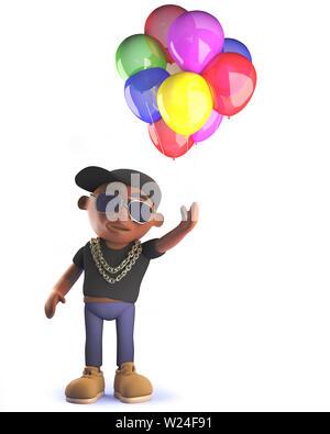 Immagine di rendering di un cartone nero americano africano hip hop rapper in 3d con palloncini Foto Stock