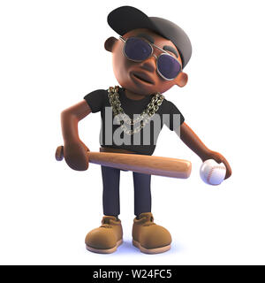 Resa in 3d di un cartoon nero americano africano hiphop rapper in 3d con la mazza da baseball e la sfera Foto Stock