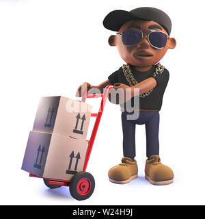 Immagine di rendering di un cartoon 3d nero americano africano hip hop artista rap con trolley e pacchi Foto Stock