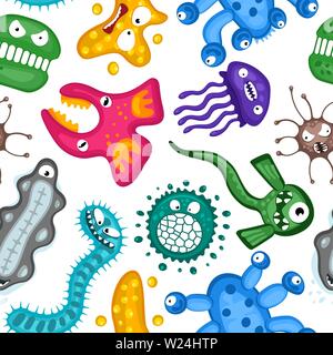 Vari microrganismi virus vettore cartone animato batteri germe emoticon carattere modello senza giunture. Illustrazione microbiologica dell'infezione da ilness batterica. Emozioni da microrganismo su sfondo bianco EPS10 Illustrazione Vettoriale