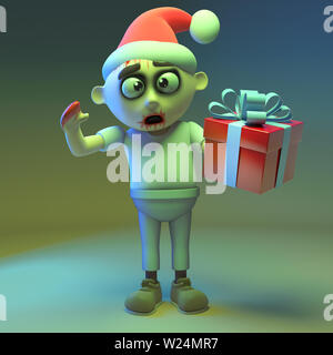 Festosa mostro zombie indossa un cappello da Babbo Natale e ha un regalo presente, 3D render illustrazione Foto Stock