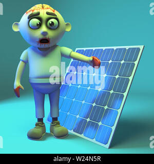 Alimentato con energia solare zombie monster è un fan di energia verde, 3D render illustrazione Foto Stock