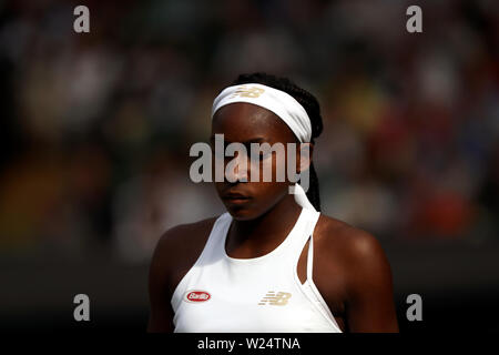 Londra, Regno Unito. 05 Luglio, 2019. Il torneo di Wimbledon, 5 luglio 2019 - Cori Gauff durante il suo terzo round match contro Polono Herczog oggi a Wimbledon. Credito: Adam Stoltman/Alamy Live News Foto Stock