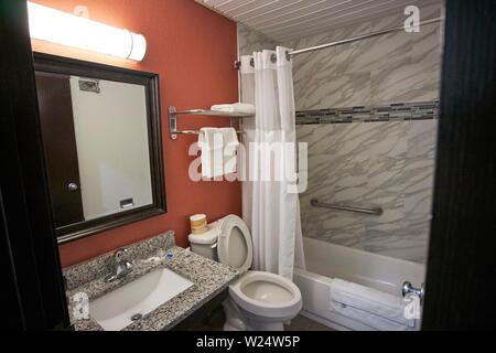 Piccola stanza da bagno in un hotel economico in Georgia negli Stati Uniti Foto Stock
